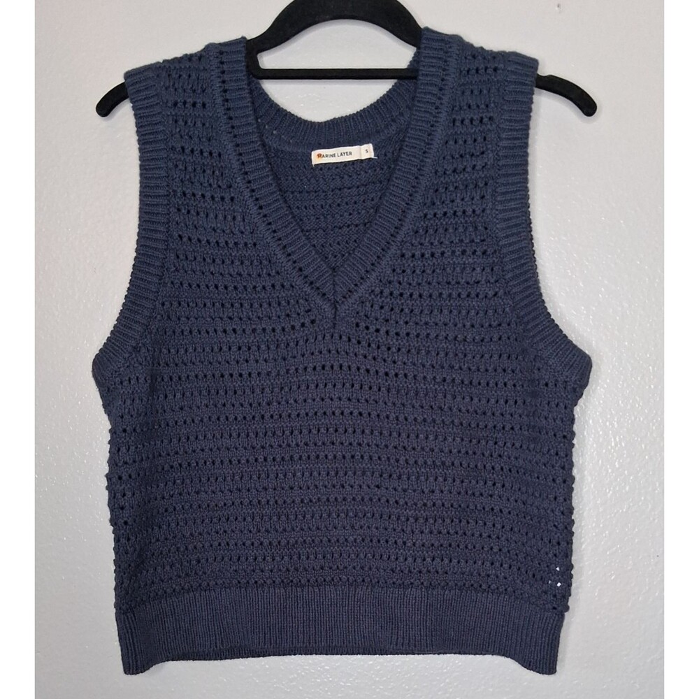 Marine Layer Montecito Sweater Vest Navy Cotton Blend Crochet Classic S